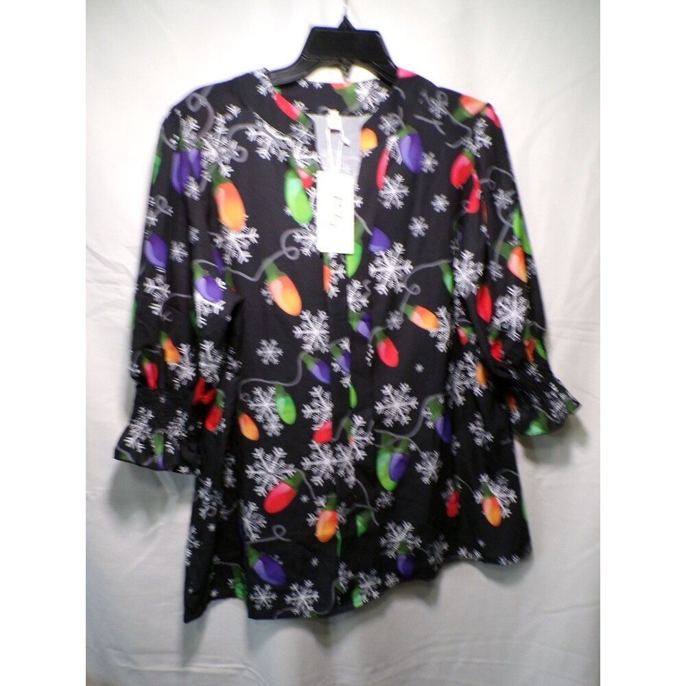 Roshop Women's Tunic Blouse XL Black Multicolor Holiday Christmas Print